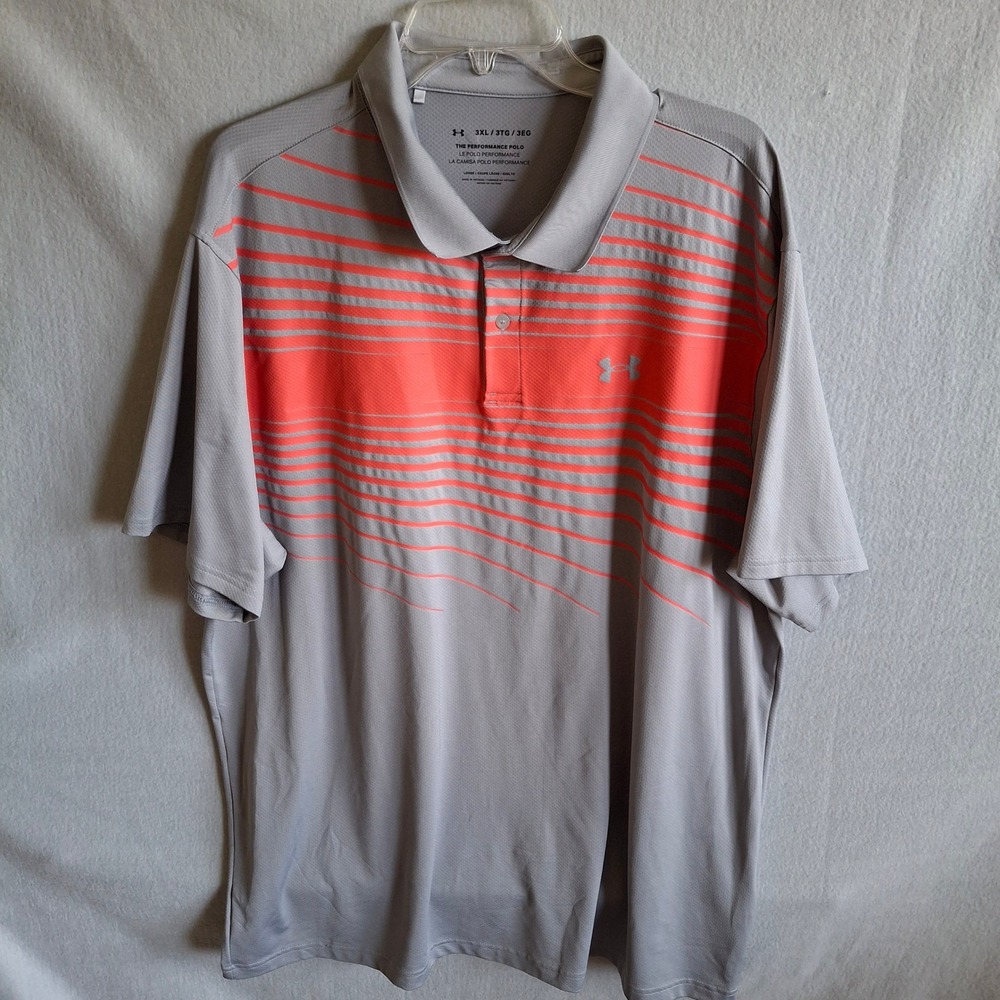 Under Armour Mens 3XL Shirt Performance Polo Gray Orange‎ Striped Golf